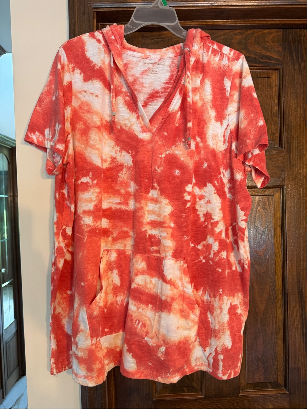 Woman Within Coral and White Tie-Dye Hooded Short-Sleeve Top